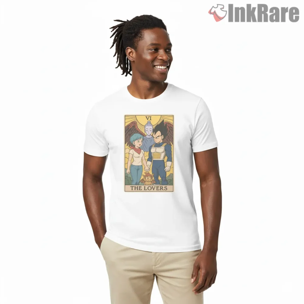 Bulma And Vegeta Lovers Tarot Card Shirt on white short sleeve shirt for men graphic tee