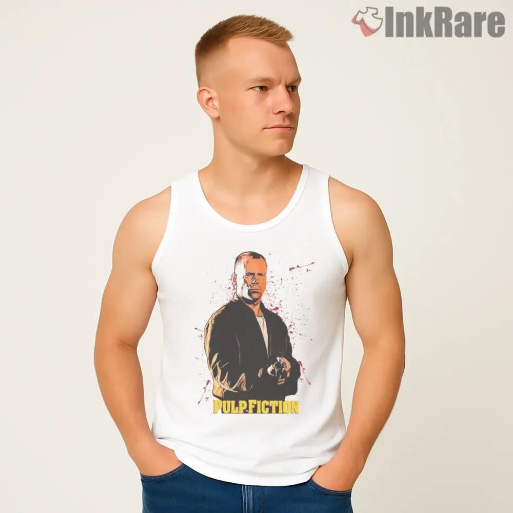Butch Coolidge Orange Poster Shirt on white tank top for men graphic tee