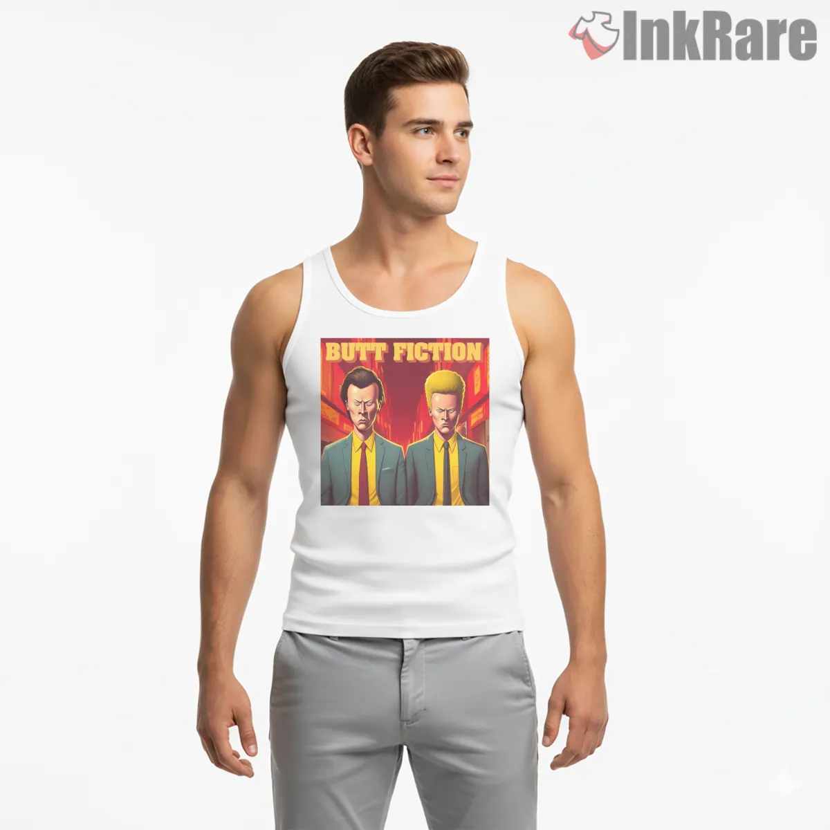 Butt Fiction Neon Alley Beavis And Butt Head Tank Top White Butt Fiction Neon Alley Beavis And Butt Head Shirt on white tank top for men graphic tee