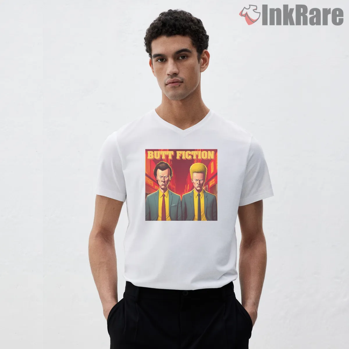 Butt Fiction Neon Alley Beavis And Butt Head V Neck White Butt Fiction Neon Alley Beavis And Butt Head Shirt on white v-neck shirt for men graphic tee