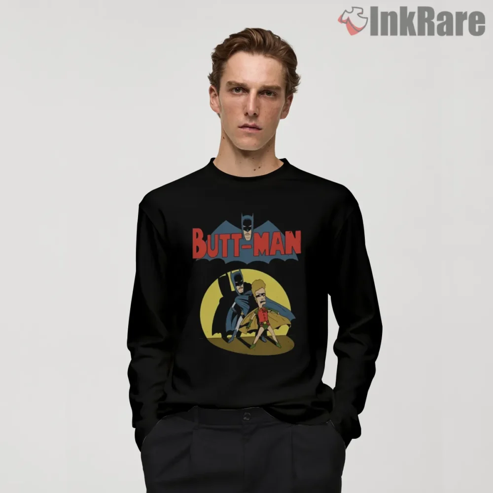 Butt Man And Fry Crossover Superhero Parody Shirt on black long sleeve shirt for men graphic tee