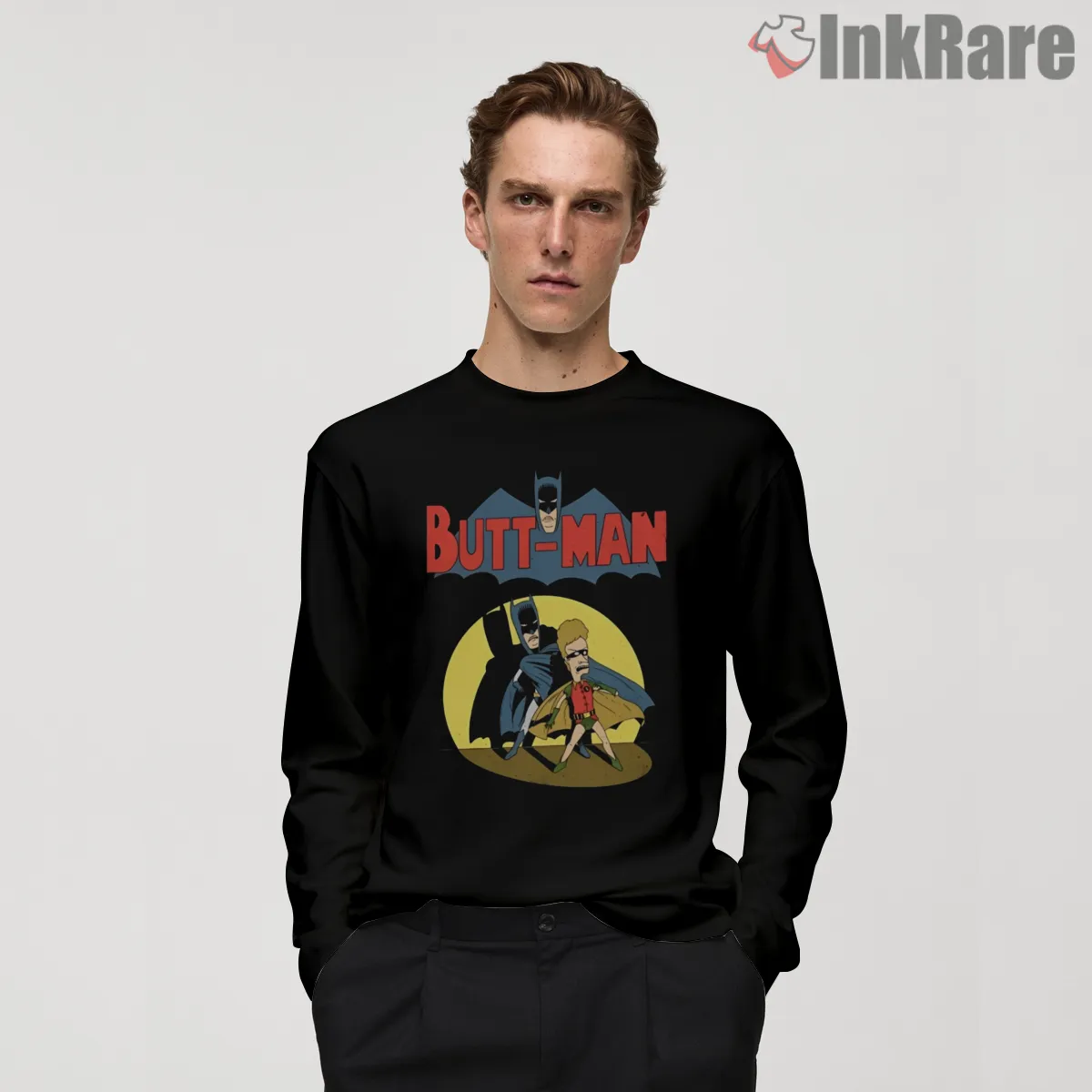 Butt Man And Fry Crossover Superhero Parody Long Sleeve Black Butt Man And Fry Crossover Superhero Parody Shirt on black long sleeve shirt for men graphic tee