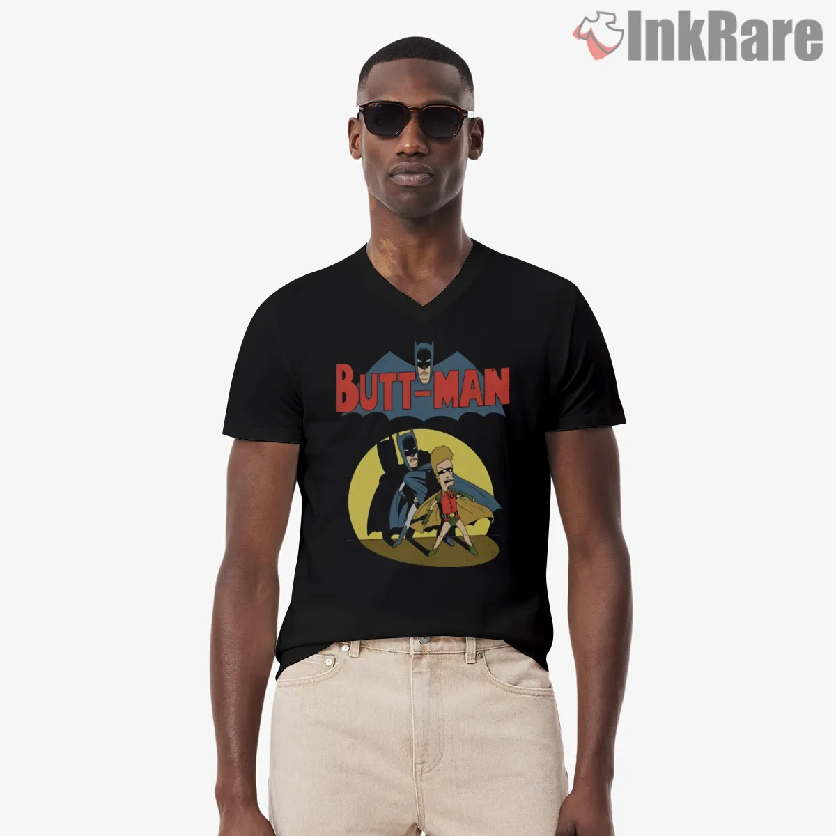 Butt Man And Fry Crossover Superhero Parody V Neck Black Butt Man And Fry Crossover Superhero Parody Shirt on black v-neck shirt for men graphic tee