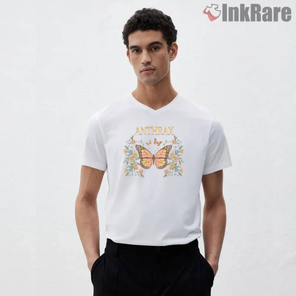 Butterfly Soul Anthrax Floral Tribute Shirt on white v-neck shirt for men graphic tee