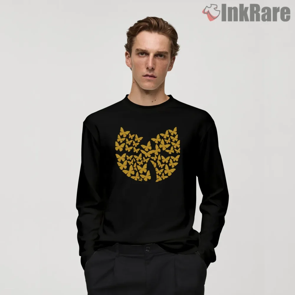 Butterfly Swarm Wu Tang Symbol Shirt on black long sleeve shirt for men graphic tee