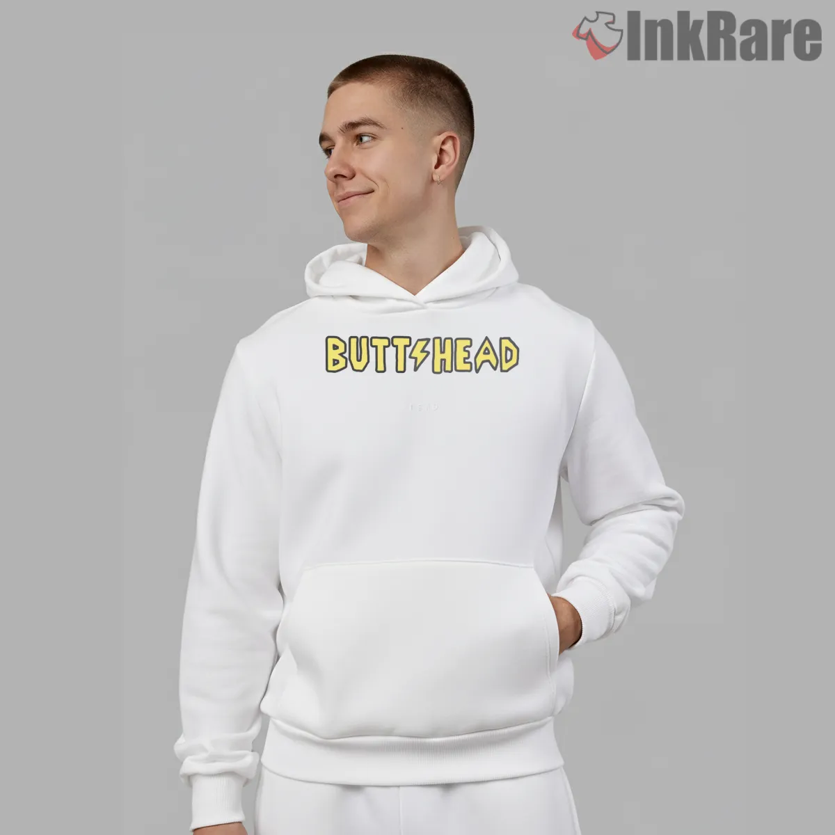 Butthead Lightning Logo Band Typography Shirt on white hoodie for men graphic tee