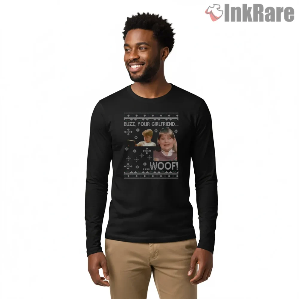Buzz Your Girlfriend Woof Knitted Christmas Shirt on black long sleeve shirt for men graphic tee
