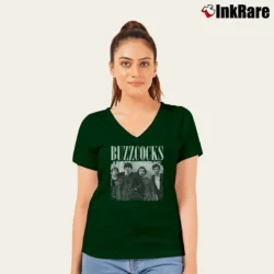 Women’s Buzzcocks Portrait V-Neck Tee in forest green | Chic Neckline, Soft Texture