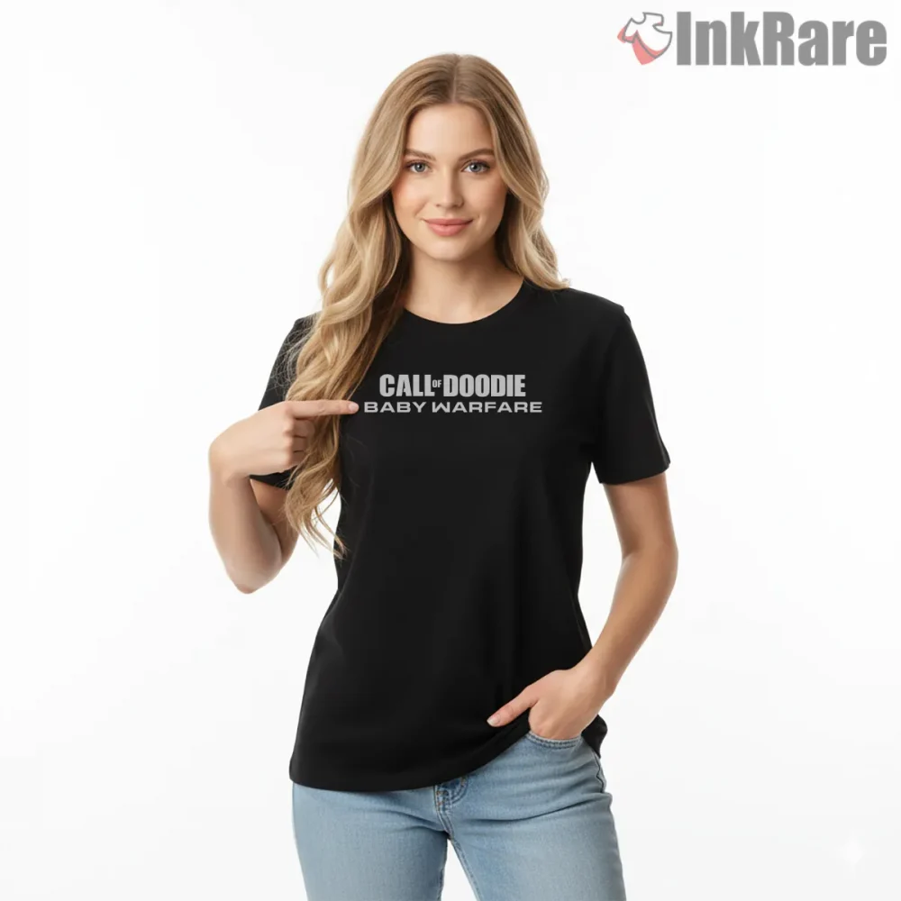 Call Of Doodie Baby Warfare Funny Parody Shirt on black short sleeve shirt for women graphic tee