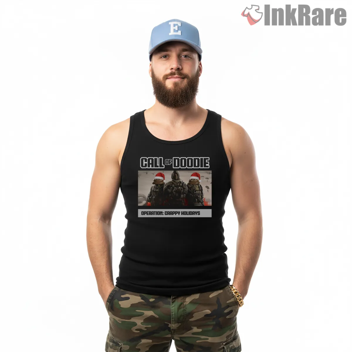 Call Of Doodie Holiday Parody Operation Crappy Shirt on black tank top for men graphic tee