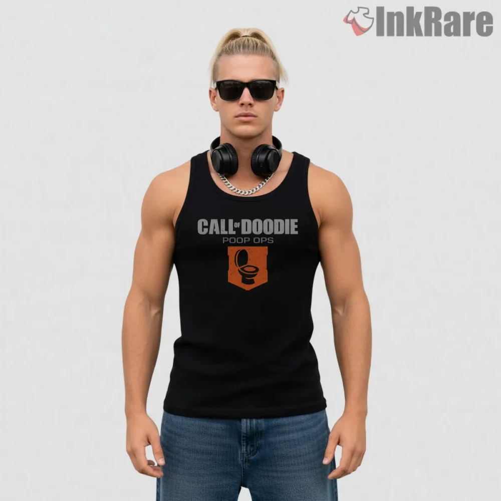 Call Of Doodie Toilet Humor Parody Gamer Shirt on black tank top for men graphic tee