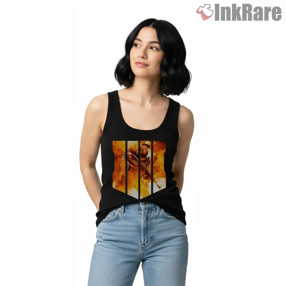 Call Of Duty Black Ops 4 Soldier In Smoke Flame Shirt on black tank top for women graphic tee