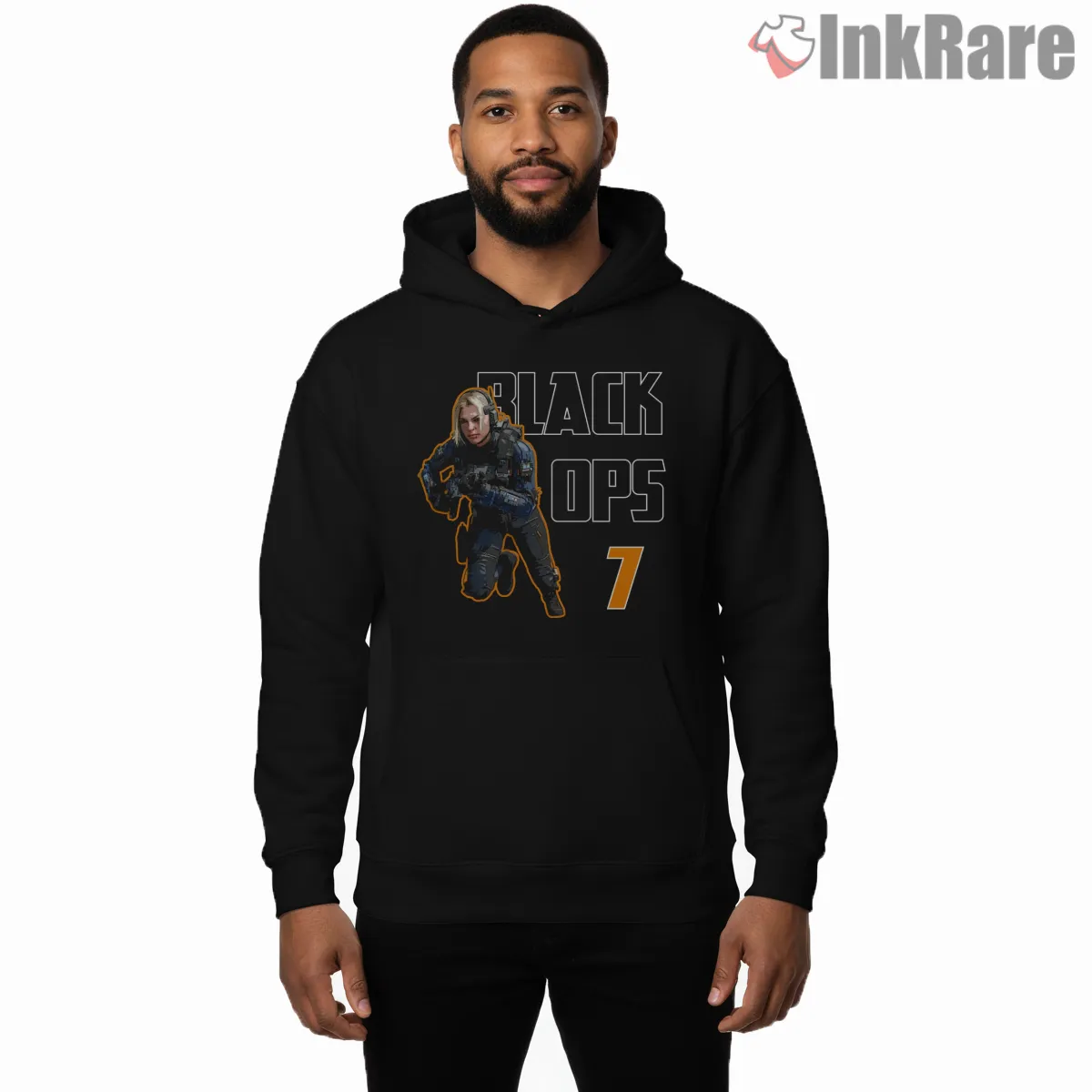 Call Of Duty Black Ops 7 Female Soldier Action Shirt on black hoodie for men graphic tee
