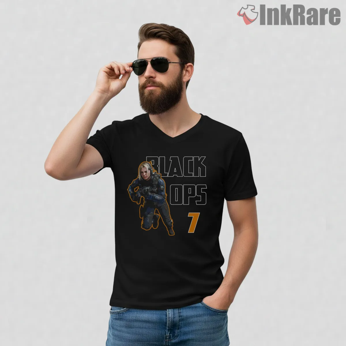Call Of Duty Black Ops 7 Female Soldier Action V Neck Black Call Of Duty Black Ops 7 Female Soldier Action Shirt on black v-neck shirt for men graphic tee