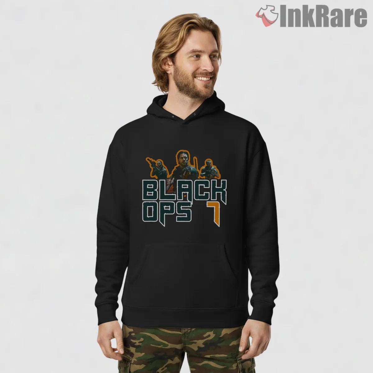 Call Of Duty Black Ops 7 Squad Action Graphic Shirt on black hoodie for men graphic tee