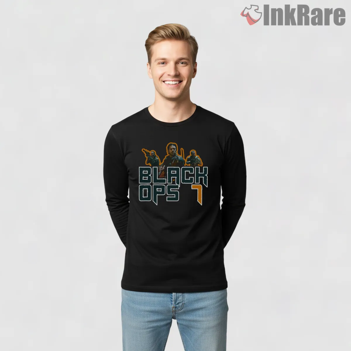 Call Of Duty Black Ops 7 Squad Action Graphic Long Sleeve Black Call Of Duty Black Ops 7 Squad Action Graphic Shirt on black long sleeve shirt for men graphic tee