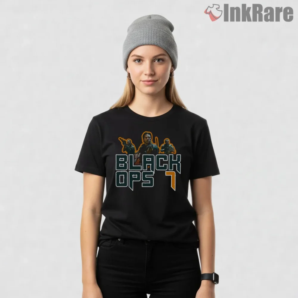 Call Of Duty Black Ops 7 Squad Action Graphic Shirt on black short sleeve shirt for women graphic tee
