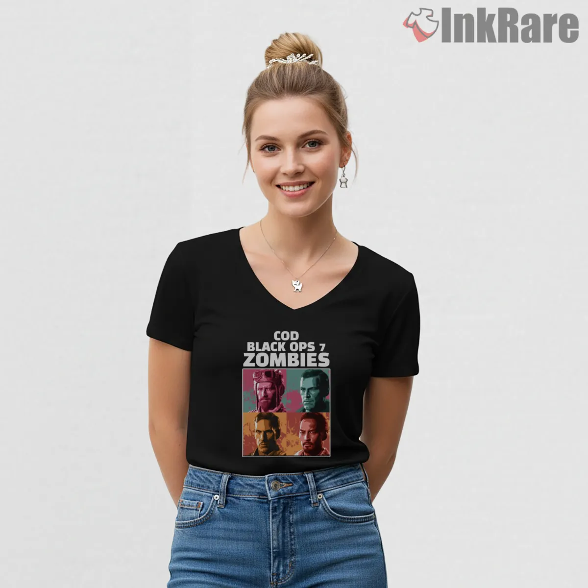 Call Of Duty Black Ops Zombies Squad Collage V Neck Black Call Of Duty Black Ops Zombies Squad Collage Shirt on black v-neck shirt for women graphic tee