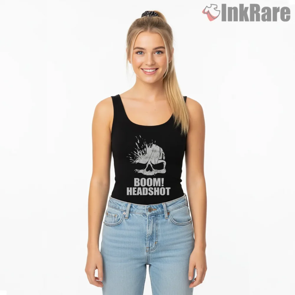 Call Of Duty Boom Headshot Skull Impact Shirt on black tank top for women graphic tee
