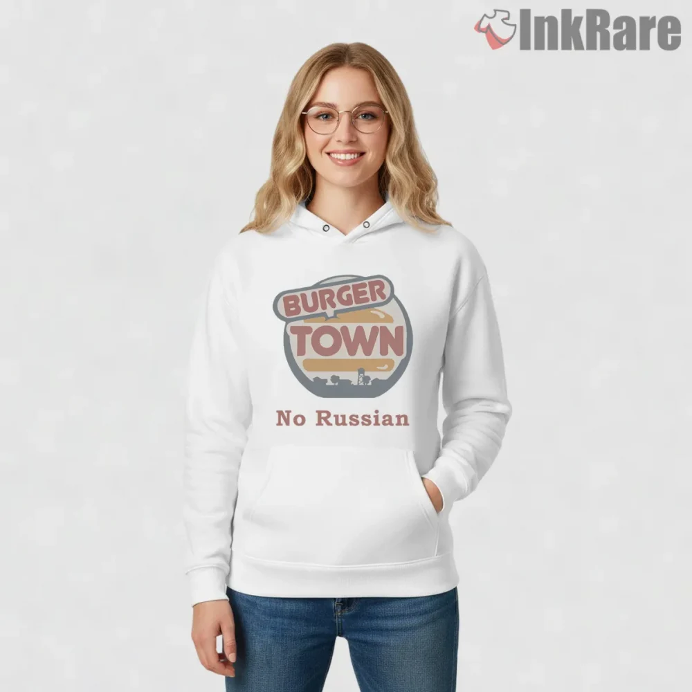Call Of Duty Burger Town No Russian Mission Parody Shirt on white hoodie for women graphic tee
