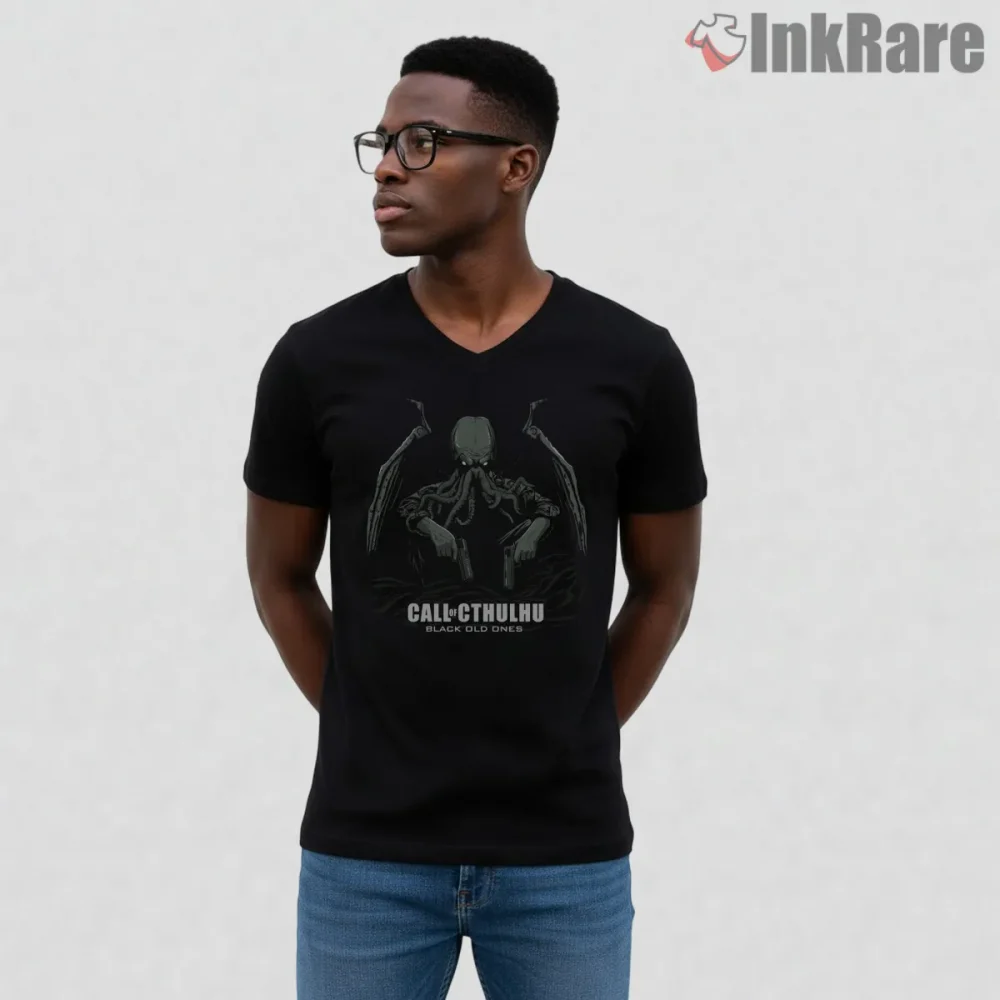 Call Of Duty Call Of Cthulhu Horror Crossover Shirt on black v-neck shirt for men graphic tee