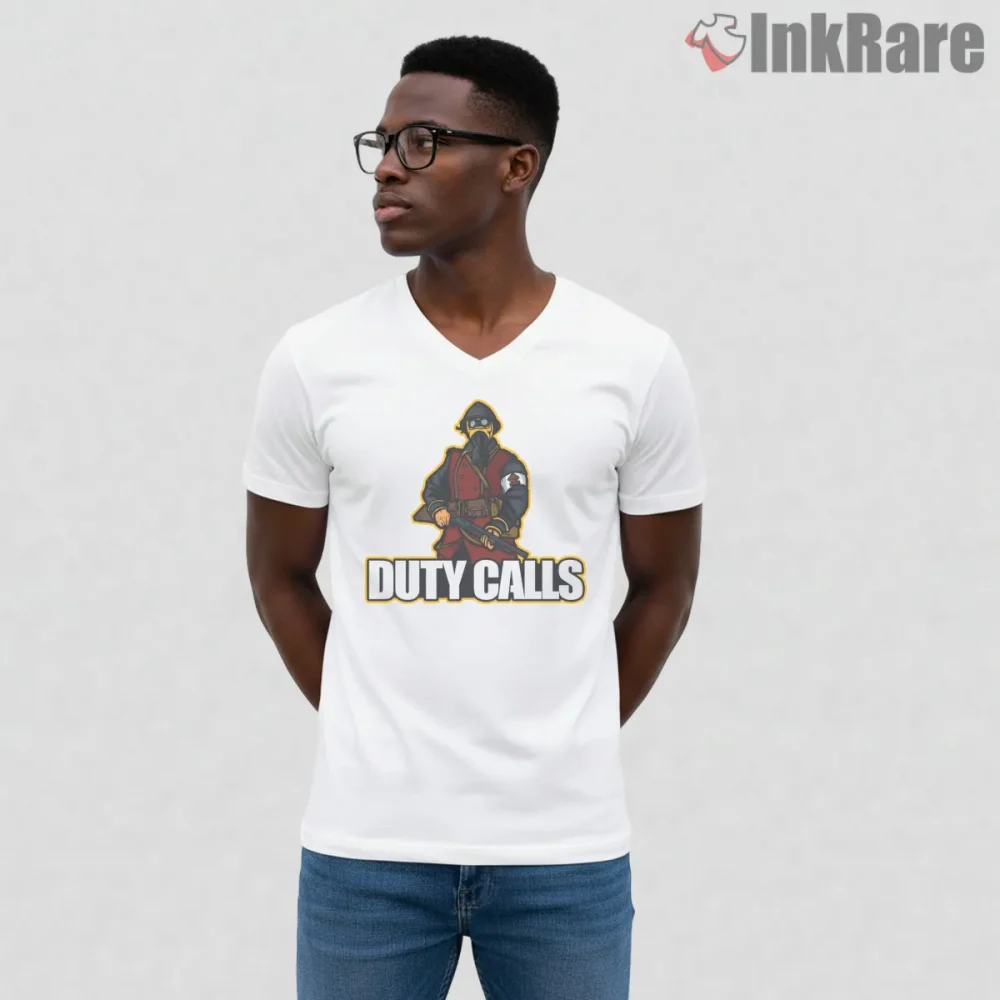 Call Of Duty Duty Calls Soldier Badge Graphic Shirt on white v-neck shirt for men graphic tee