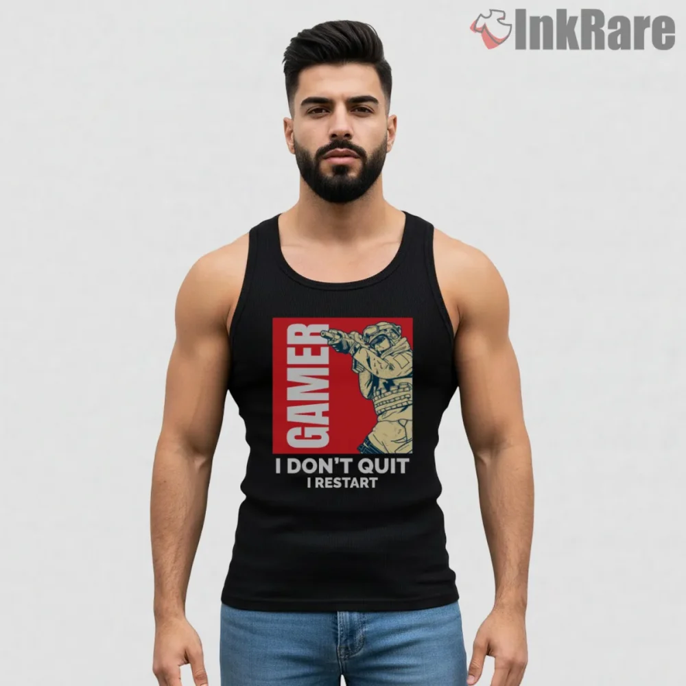 Call Of Duty Fps Gamer Never Quit Motivational Shirt on black tank top for men graphic tee