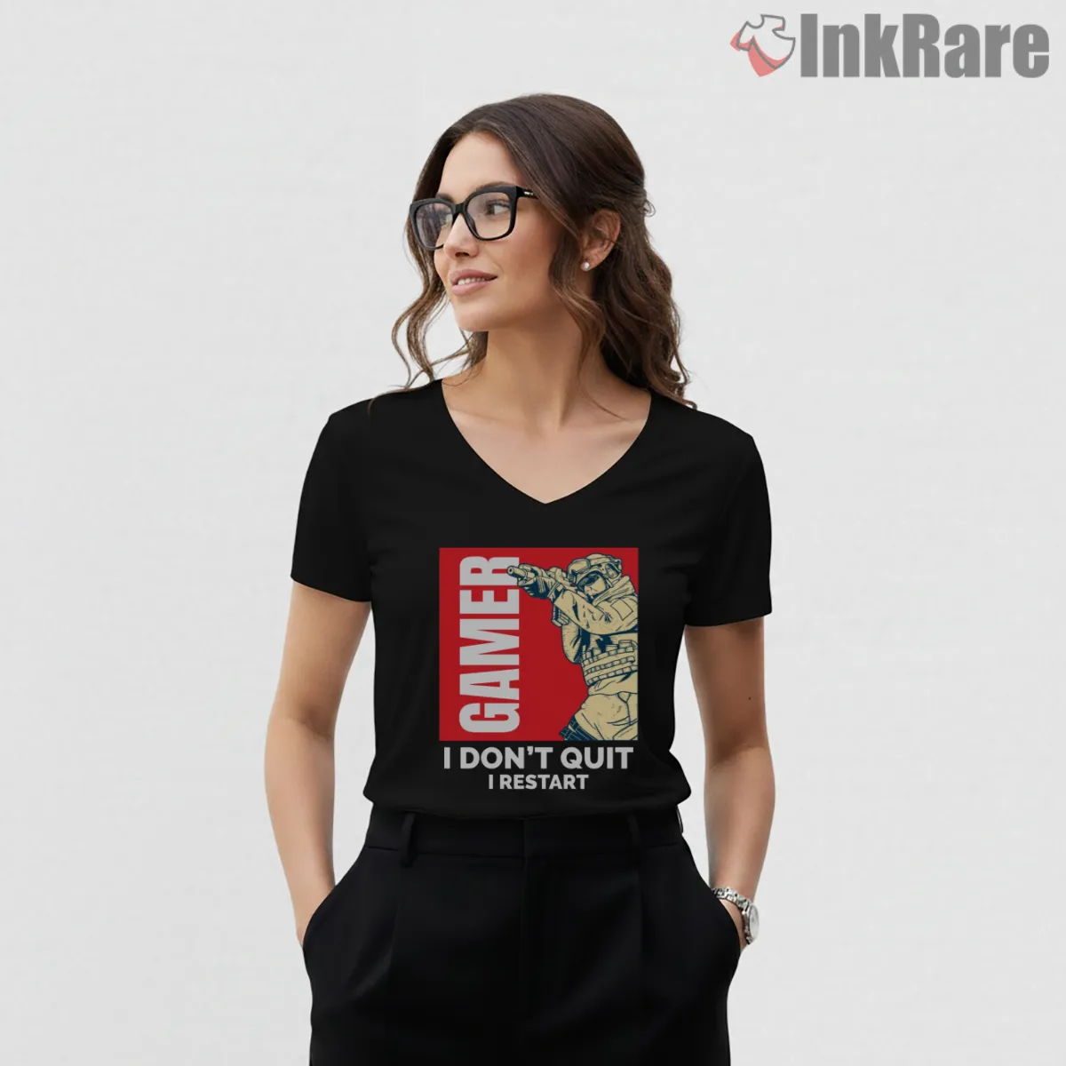 Call Of Duty Fps Gamer Never Quit Motivational V Neck Black Call Of Duty Fps Gamer Never Quit Motivational Shirt on black v-neck shirt for women graphic tee