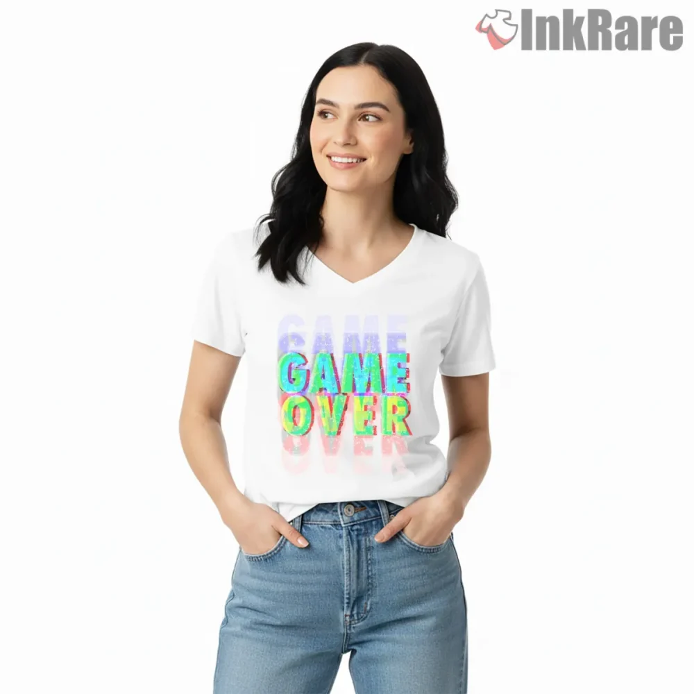 Call Of Duty Game Over Glitch Text Gamer Shirt on white v-neck shirt for women graphic tee