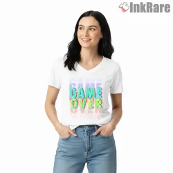 Call Of Duty Game Over Glitch Text Gamer Shirt on white v-neck shirt for women graphic tee