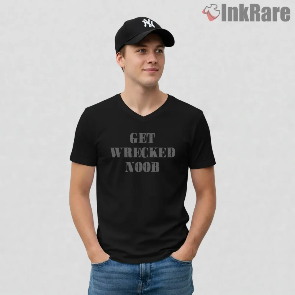 Call Of Duty Get Wrecked Noob Gamer Shirt on black v-neck shirt for men graphic tee