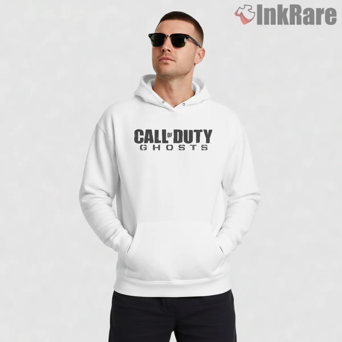 Call Of Duty Ghost Logo Minimal Typography Shirt on white hoodie for men graphic tee