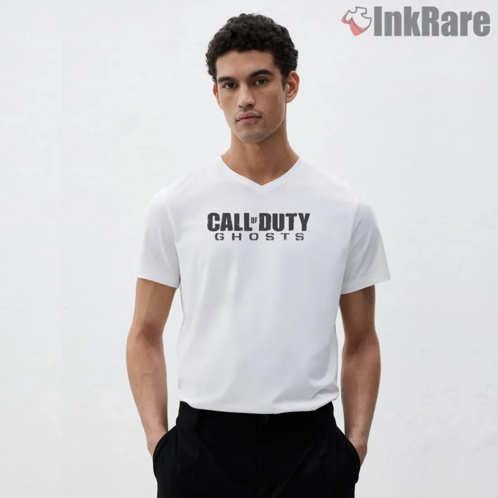 Call Of Duty Ghost Logo Minimal Typography Shirt on white v-neck shirt for men graphic tee