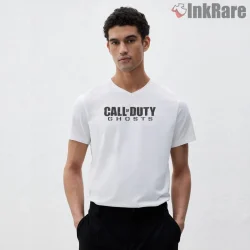 Call Of Duty Ghost Logo Minimal Typography Shirt on white v-neck shirt for men graphic tee
