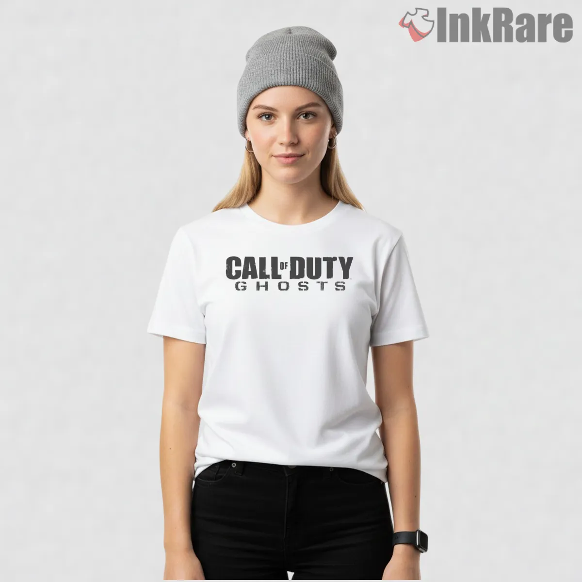 Call Of Duty Ghost Logo Minimal Typography Short Sleeve White Call Of Duty Ghost Logo Minimal Typography Shirt on white short sleeve shirt for women graphic tee