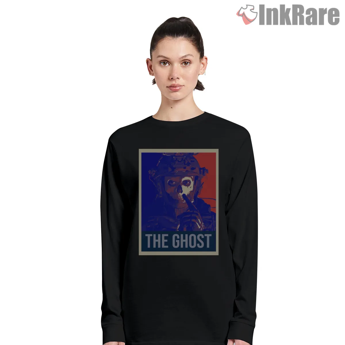 Call Of Duty Ghost Soldier Propaganda Style Long Sleeve Black Call Of Duty Ghost Soldier Propaganda Style Shirt on black long sleeve shirt for women graphic tee