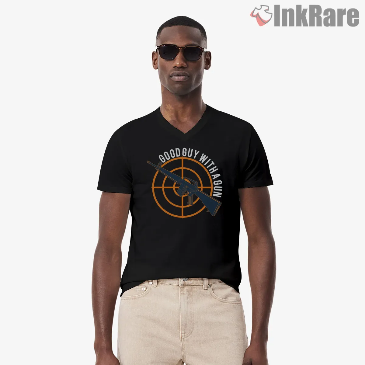 Call Of Duty Good Guy With A Gun Target V Neck Black Call Of Duty Good Guy With A Gun Target Shirt on black v-neck shirt for men graphic tee
