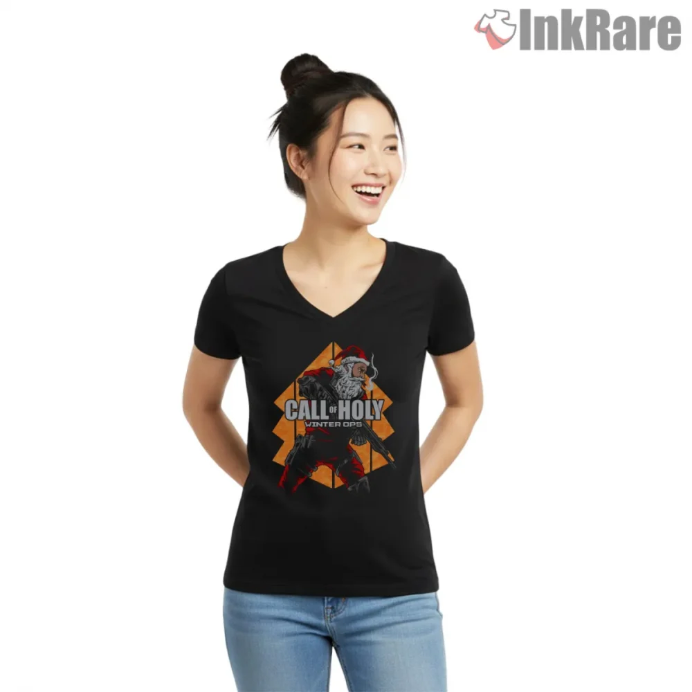 Call Of Duty Holiday Santa Ops Festive Combat Shirt on black v-neck shirt for women graphic tee