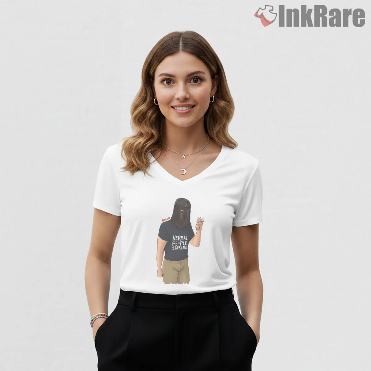 Call Of Duty Konig Operator Mask Humor V Neck White Call Of Duty Konig Operator Mask Humor Shirt on white v-neck shirt for women graphic tee