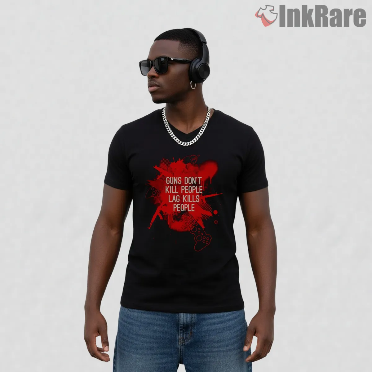 Call Of Duty Lag Kills People Gamer Rage V Neck Black Call Of Duty Lag Kills People Gamer Rage Shirt on black v-neck shirt for men graphic tee