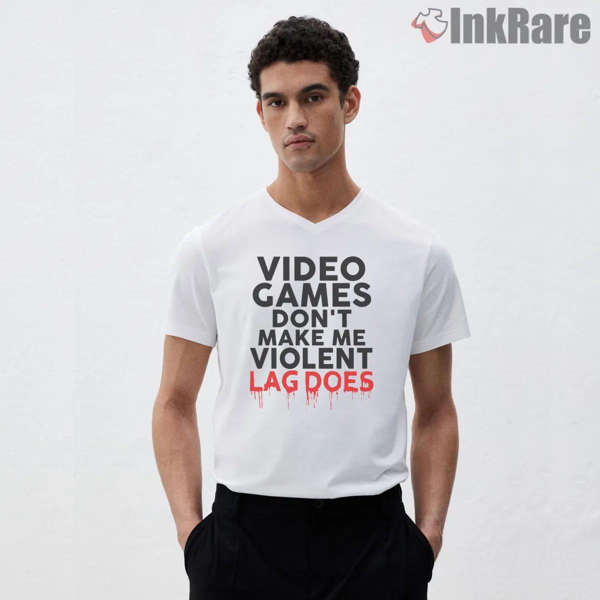 Call Of Duty Lag Makes Me Violent Gamer V Neck White Call Of Duty Lag Makes Me Violent Gamer Shirt on white v-neck shirt for men graphic tee