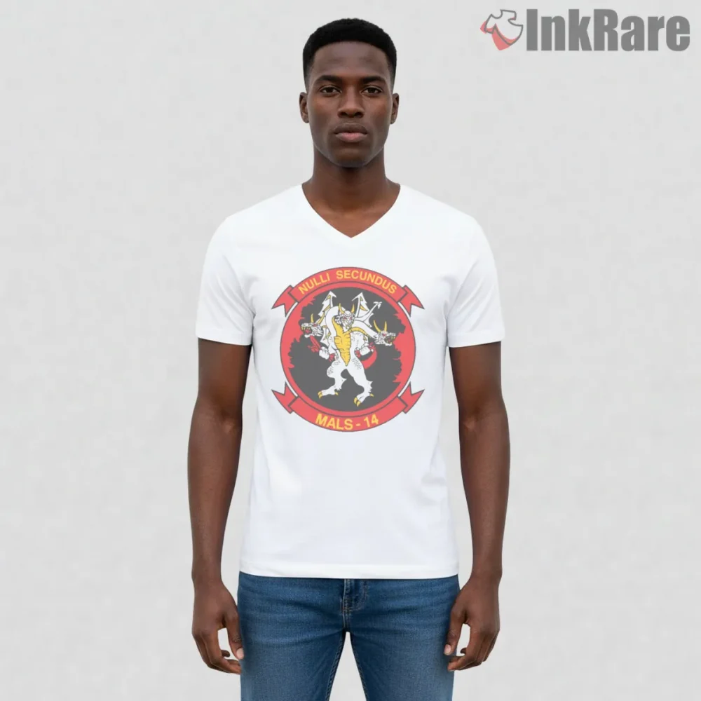 Call Of Duty Marine Aviation Squadron Patch Style Shirt on white v-neck shirt for men graphic tee