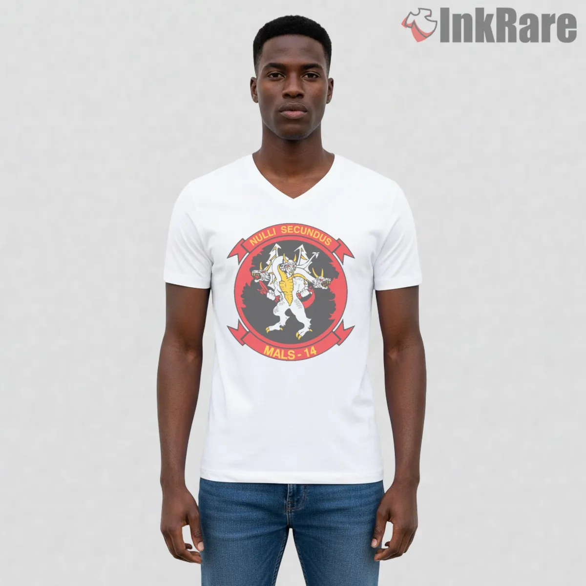 Call Of Duty Marine Aviation Squadron Patch Style V Neck White Call Of Duty Marine Aviation Squadron Patch Style Shirt on white v-neck shirt for men graphic tee