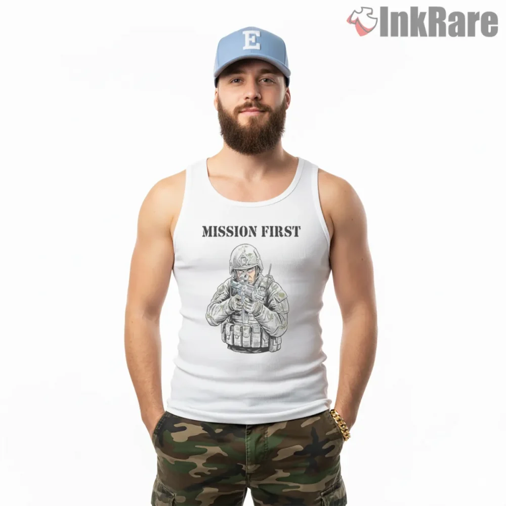Call Of Duty Mission First Tactical Soldier Shirt on white tank top for men graphic tee
