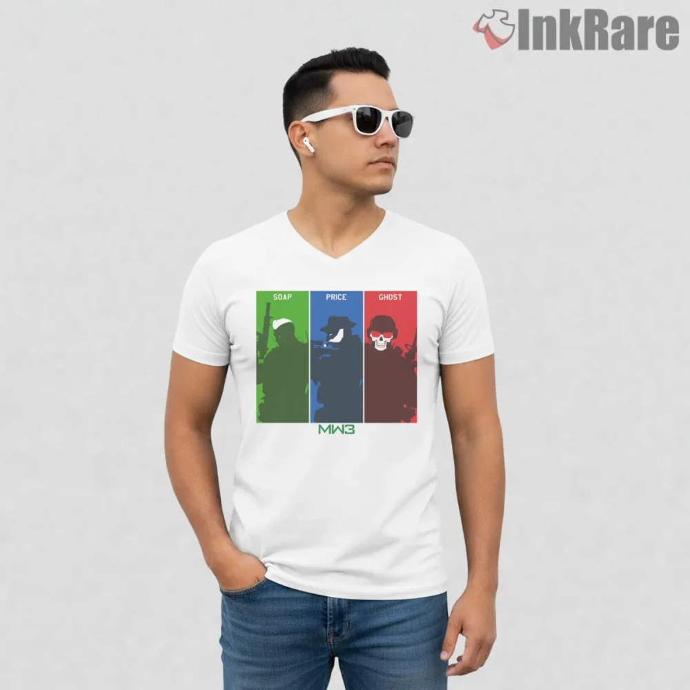 Call Of Duty Mw3 Soap Price Ghost Trio Silhouette Shirt on white v-neck shirt for men graphic tee