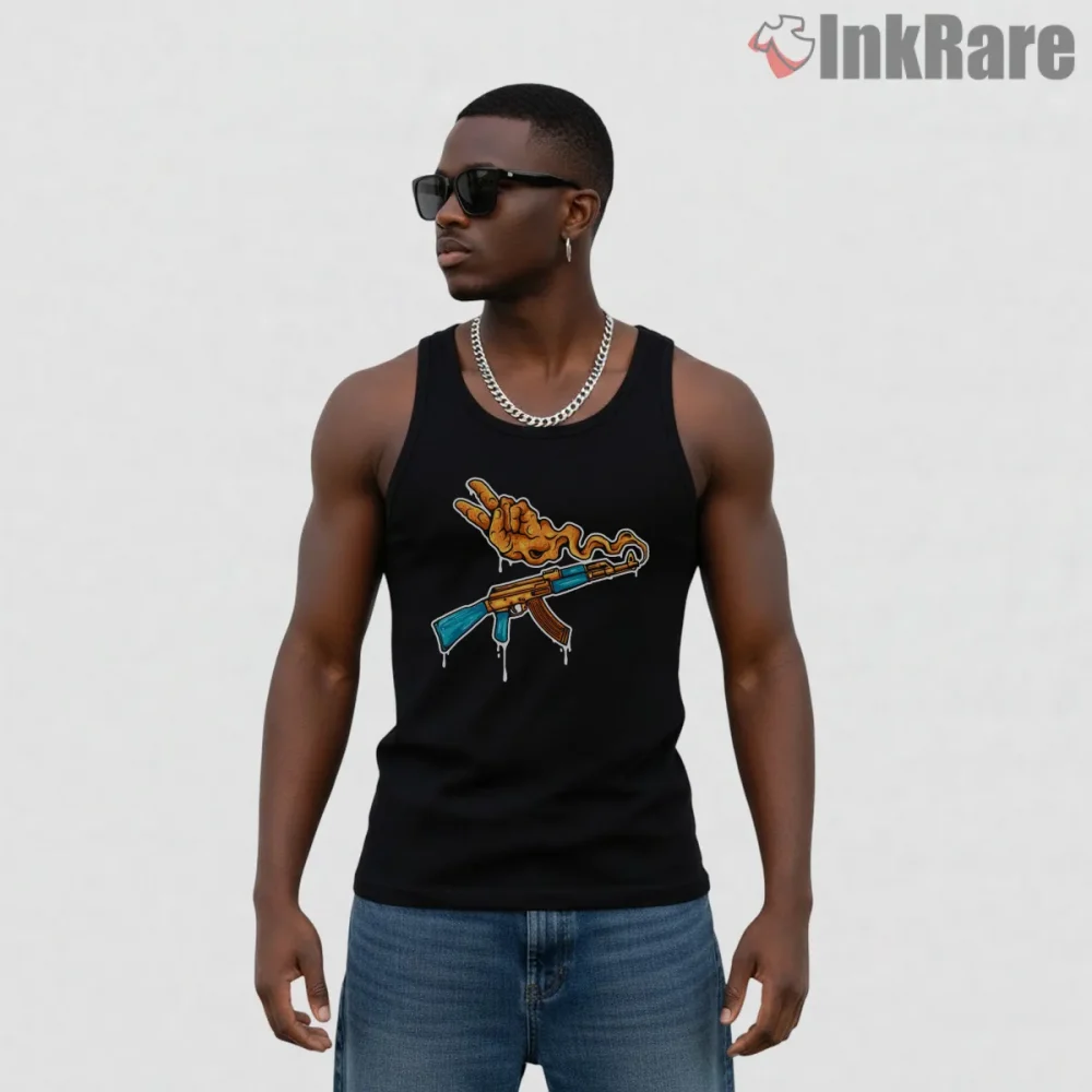 Call Of Duty Peace Kalashnikov Dripping Street Art Shirt on black tank top for men graphic tee