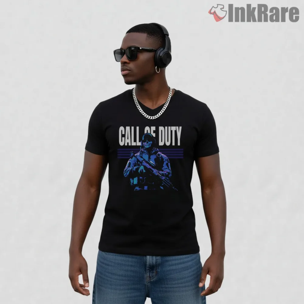 Call Of Duty Tactical Soldier Blue Neon Graphic Shirt on black v-neck shirt for men graphic tee