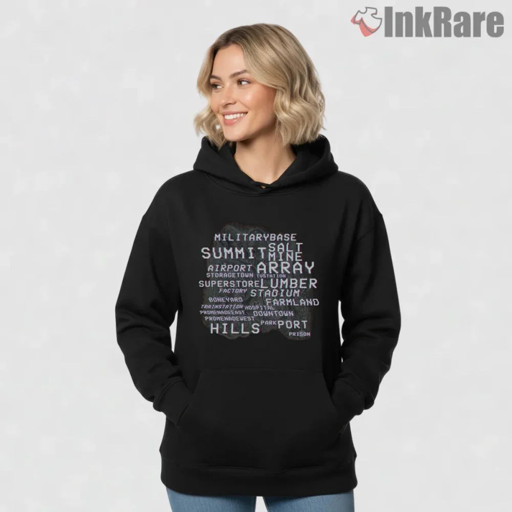 Call Of Duty Warzone Map Locations Typography Shirt on black hoodie for women graphic tee