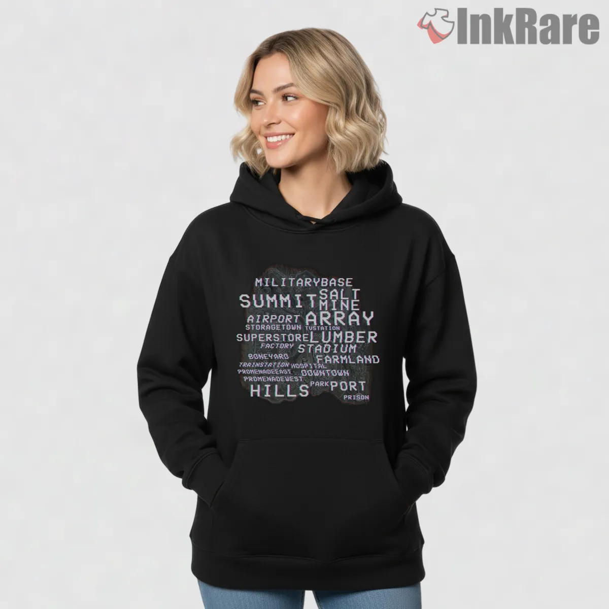 Call Of Duty Warzone Map Locations Typography Hoodie Black Call Of Duty Warzone Map Locations Typography Shirt on black hoodie for women graphic tee