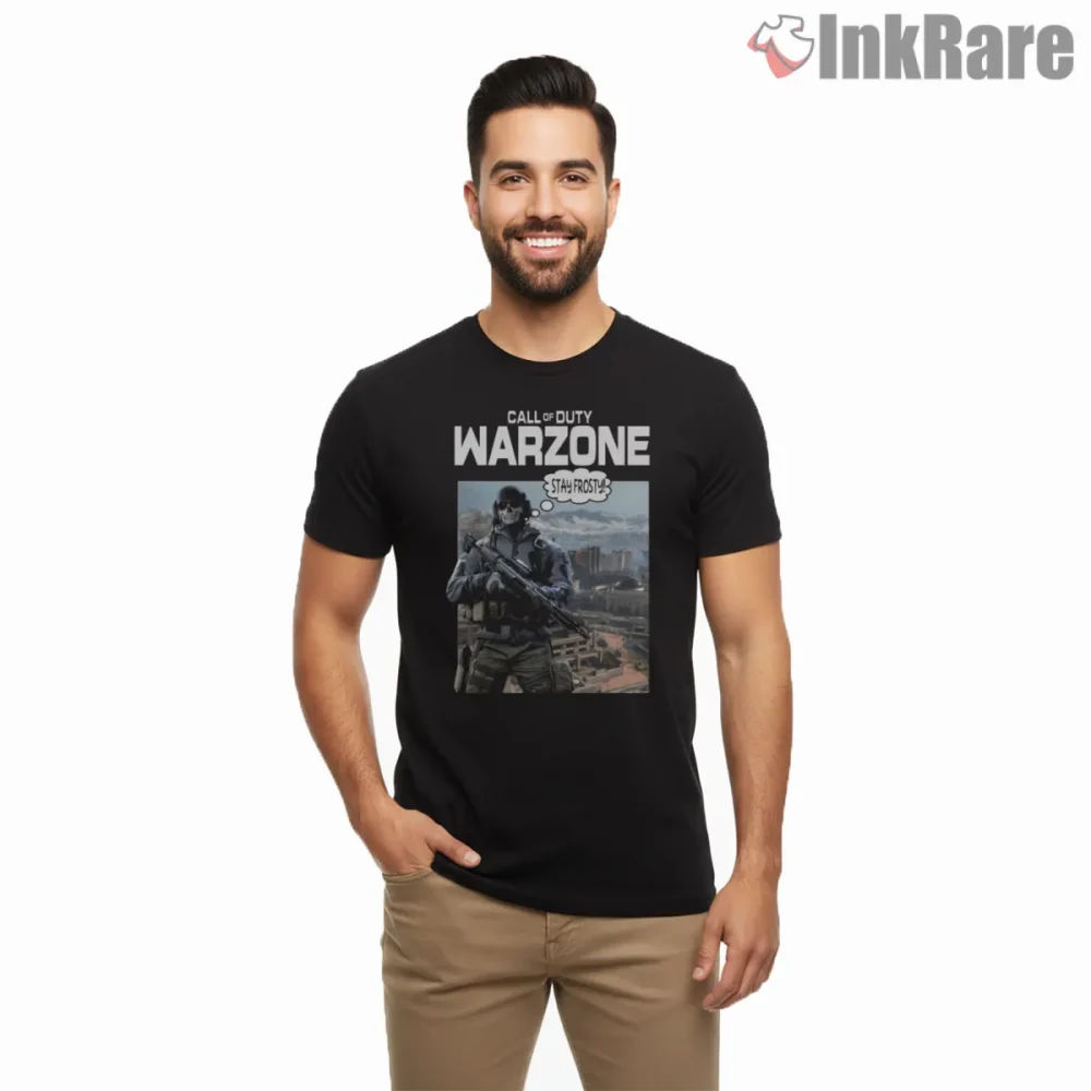 Call Of Duty Warzone Stay Frosty Tactical Poster Shirt on black short sleeve shirt for men graphic tee